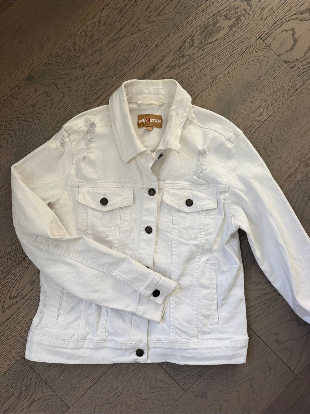 Red Star Women's Distressed White Denim Jacket